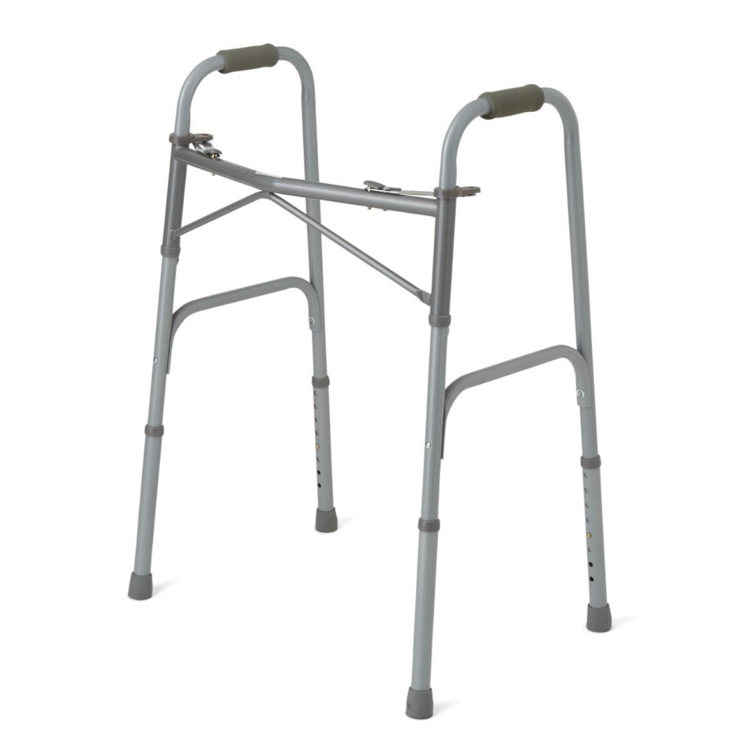The Medline Bariatric Folding Walker - Extra Wide is gray with a robust design, featuring four rubber-tipped legs and dual handles. It has an adjustable height and sturdy build to support higher weight capacity efficiently.